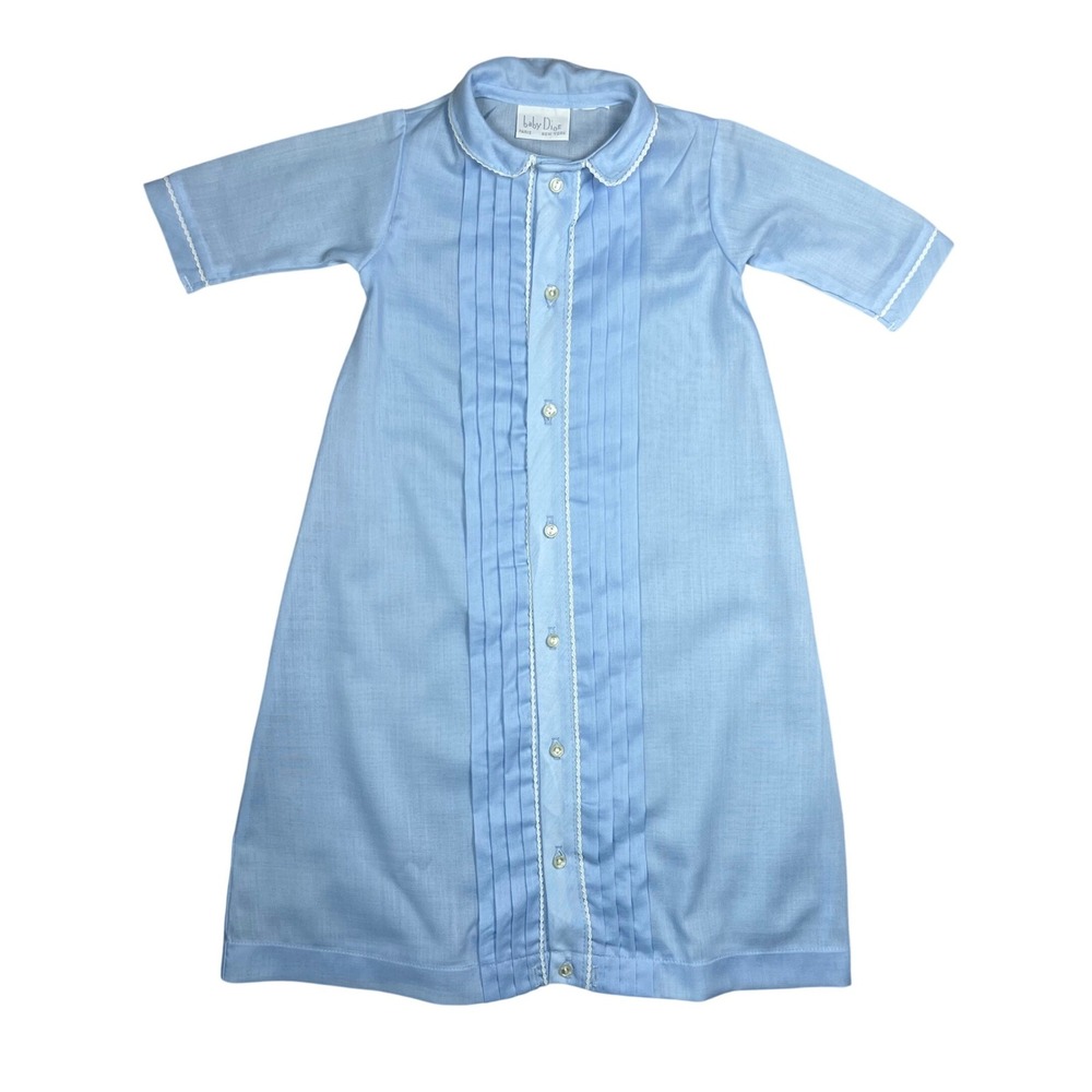 Baby Dior Light Blue Pintuck Lace Trim Christening Gown Formal Romper Vintage